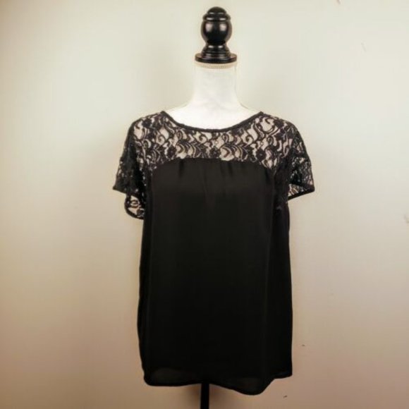 Anthropologie Maeve Black Short Sleeve Lace Blouse Size Medium - Picture 1 of 12